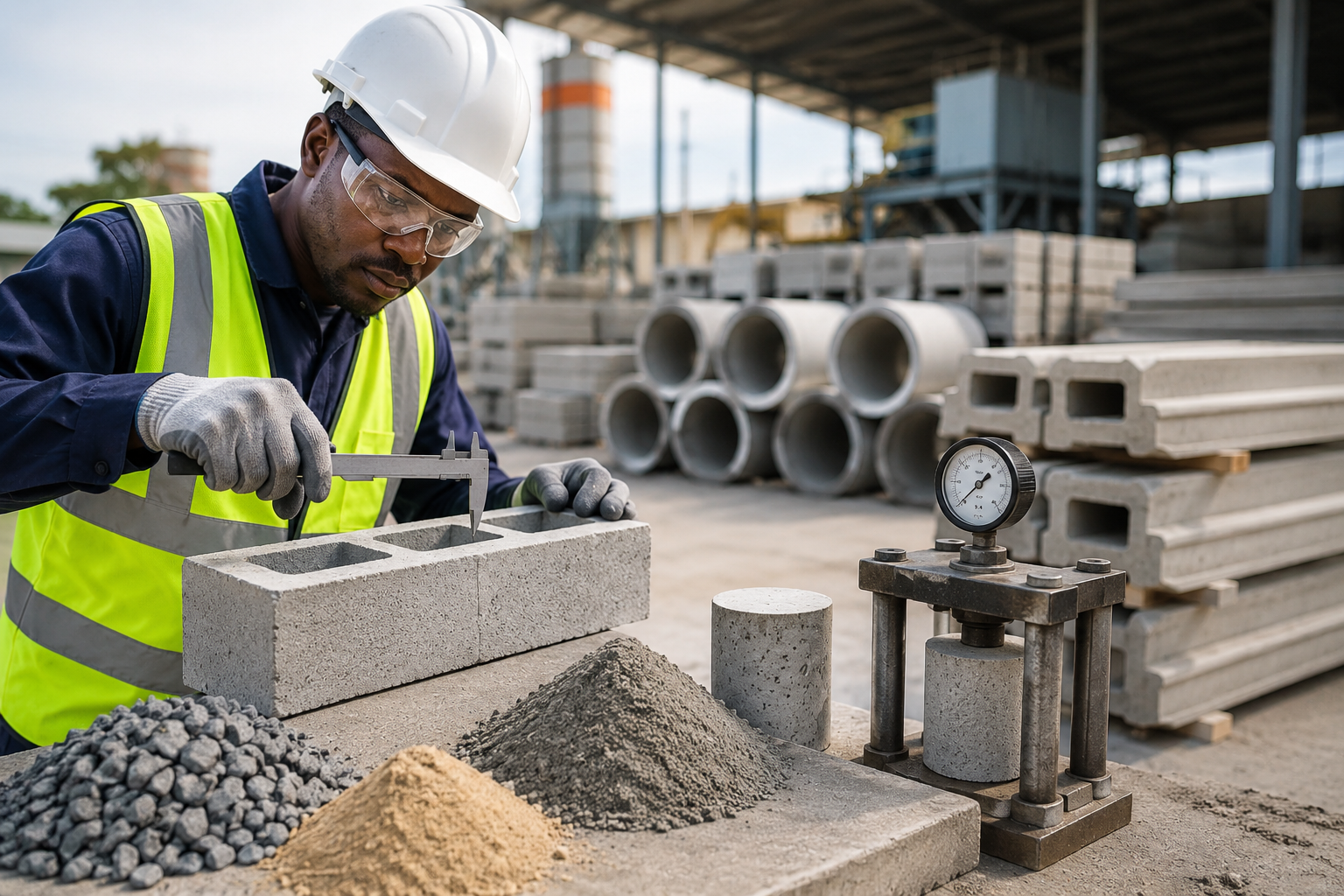 Stacked precast concrete blocks and culverts at GAGI SACCO yard